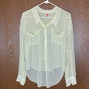 Free People Ivory & Yellow Diamond Pattern Sheer  Collared Boho Top Blouse - XS